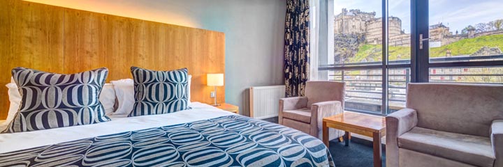 A Deluxe Double bedroom at the Apex Grassmarket Hotel, Edinburgh