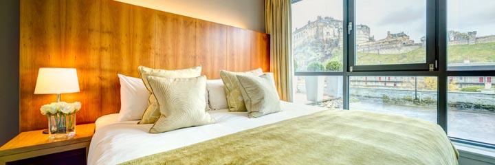 A Castle View Superior double bedroom at the Apex Grassmarket Hotel, Edinburgh