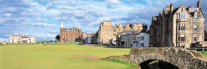 A view from the 18th hole of the St Andrews old Course with the Rusacks Hotel