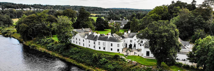 An aerial view of the Maryculter House Hotel in Aberdeenshire which sits in a secluded setting on the banks of the River Dee.