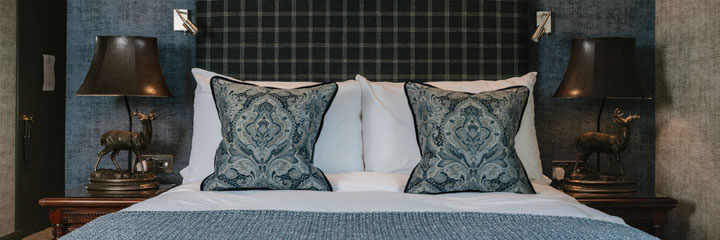 A recently refurbished bedroom, combining traditional and contemporary styles, at the 4 star Maryculter House Hotel in Aberdeenshire.