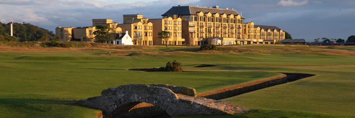 A view of the Old Course Hotel in St Andrews from the 18th hole of the St Andrews Old course