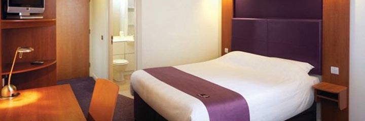 A double bedroom at the Premier Inn East Kilbride Nerston Toll hotel