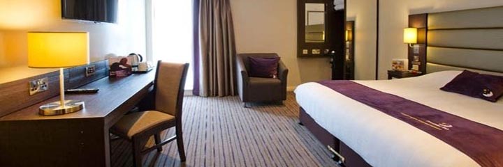 A double bedroom at the Premier Inn Glasgow Pacific Quay, SECC hotel