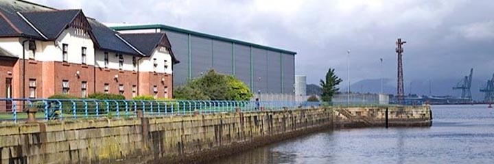 An exterior view of the Premier Inn Greenock hotel and the River Clyde