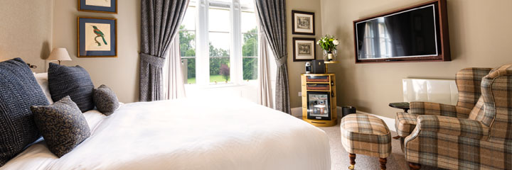 A Deluxe double bedroom at the Schloss Roxburghe Hotel in the Scottish Borders. All rooms at the 20 bedroom hotel were refurbished in 2019.