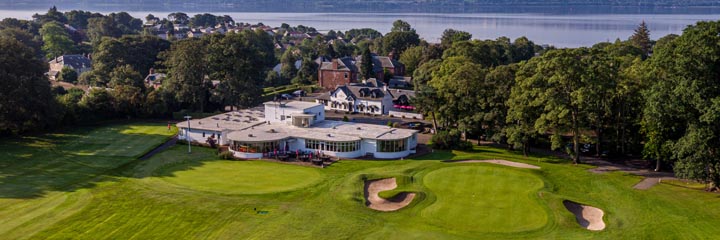 An aerial view of Cardross Golf Club looking down on the clubhouse with the River Clyde in the background