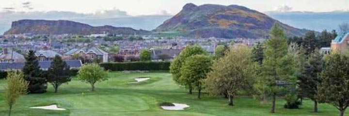 A view across the parkland Craigmillar Golf Club in Edinburgh with Arthur's Seat and Salisbury Crags in the background