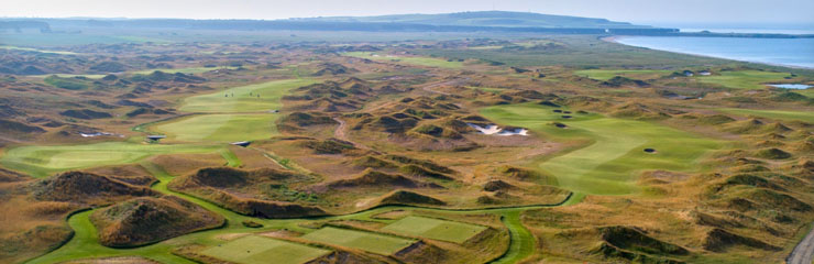 An aerial view of Dumbarnie Golf Links in Fife with the 3rd hole in the foreground