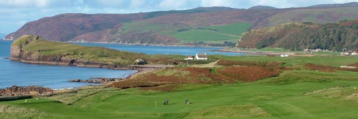 A panoramic view across Dunaverty golf course in a picturesque coastal setting on the south of Kintyre Peninsula