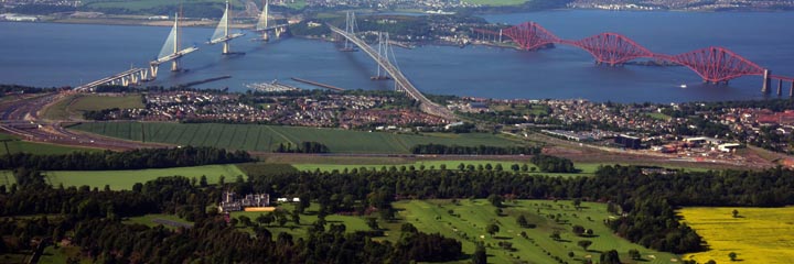 Aerial view of Dundas Parks Golf Club with the Forth Bridges