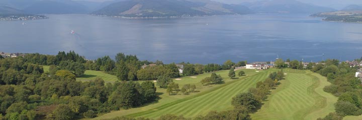 An aerial view over Gourock Golf Club across the Clyde estuary to the hills and lochs beyond