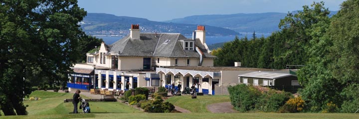The clubhouse at Helensburgh Golf Club with the River Clyde in the background
