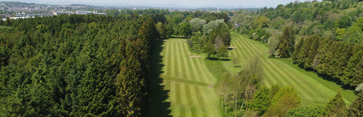 An aerial view of the tree-lined fairways at King James VI Golf Club in Perth