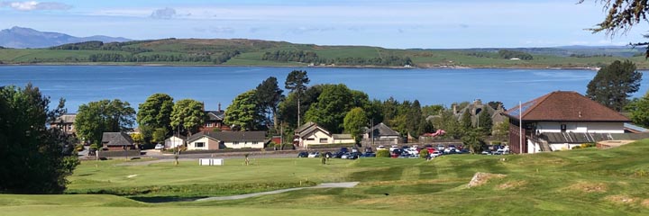 The view from the 2nd tee at Largs Golf Club across the Firth of Clyde to the Isle of Cumbrae and the hills of Arran beyond