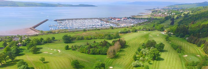 An aerial view across Largs golf course and the marina on the Firth of Clyde