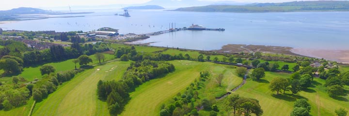 An aerial view over Largs Golf Club over the Clyde to the Isle of Cumbrae