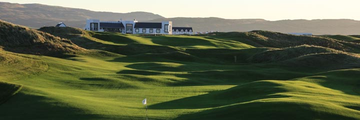 The humps and mounds of the Machrie Links on Islay, looking back towards the Machrie Hotel