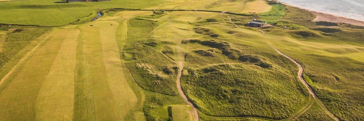 An aerial view of part of the championship links course at Machrihanish Golf Club