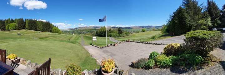 The 1st tee at Moffat Golf Club with views to the Southern Upland hills