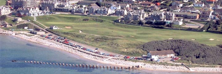 Aerial view of the 18th hole of the Old course at Moray Golf Club