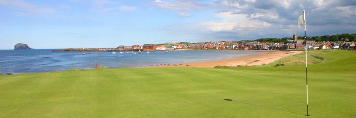 The green of the 1st hole of the North Berwick West Links, looking down the fairway back to the twon of North Berwick