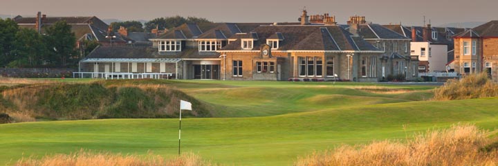 Looking from the course to the clubhouse at Prestwick Golf Club