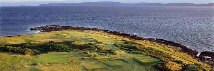An aerial view of Shiskine Golf Club across to the Kintyre peninsula