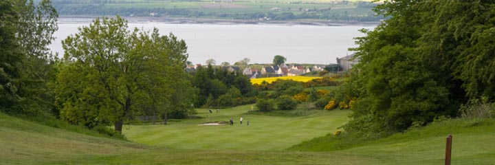 A view down the 3rd hole of West Lothian Golf Club from the tee, looking across the Firth of Forth