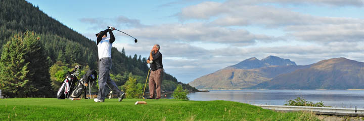 On the tee at Woodlands golf course, Glencoe with Loch Linnhe in the background